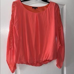 Salmon Colored Top With Lace Trim Sleeve